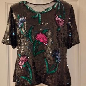 1980's Vintage Ste'nay Black Floral Silk Sequin top women Size XL
